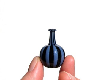 Miniature Bottle in Black and Periwinkle Stripes, Hand Blown Glass