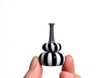 Miniature Bottle in Black and White Stripes, Hand Blown Glass
