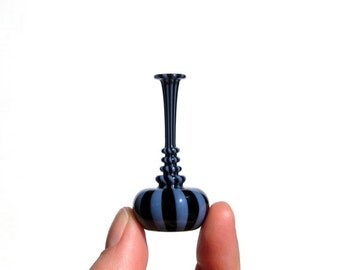 Miniature Bottle in Black and Periwinkle Stripes, Hand Blown Glass