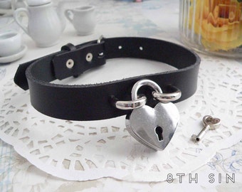 Black Leather Heart Lock Choker with Key, Black Heart Lock Choker, Lock and Key Choker, Black Heart Padlock Choker, BDSM Collar Discreet