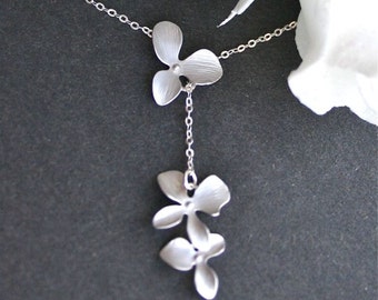 Orchid Necklace, Orchid lariate Necklace, Silver orchid Necklace, Orchid Jewelry, Wedding Necklace, Flower Necklace, Orchid Wedding