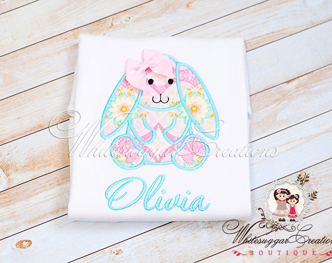 Girls Easter Bunny Shirt - Custom Easter Girls Shirt - Vintage Bunny Shirt - Aqua and Pink Ester Shirt - Baby Girl Easter Outfit