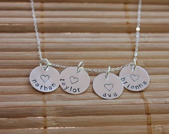 Family Necklace, Hand Stamped Four Charm Name Necklace in Sterling Silver
