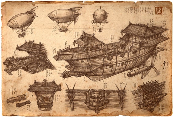 Imperial Convoy Chinese Steampunk Print by James Ng steam engine schematics 
