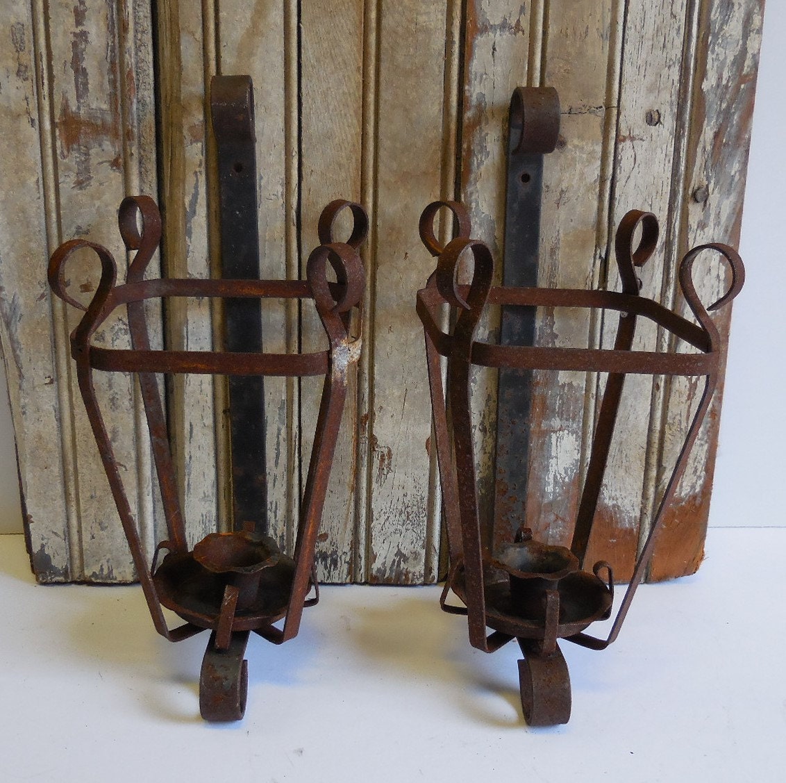 Two vintage hanging Candle holders Wrought iron Wall mount