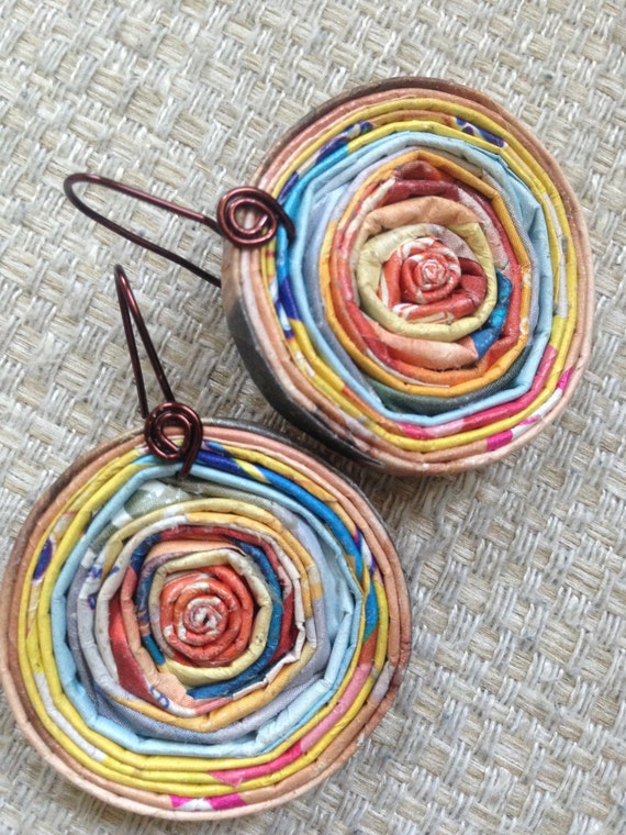 YELLOW Rosette Round coiled recycled paper pierced earrings