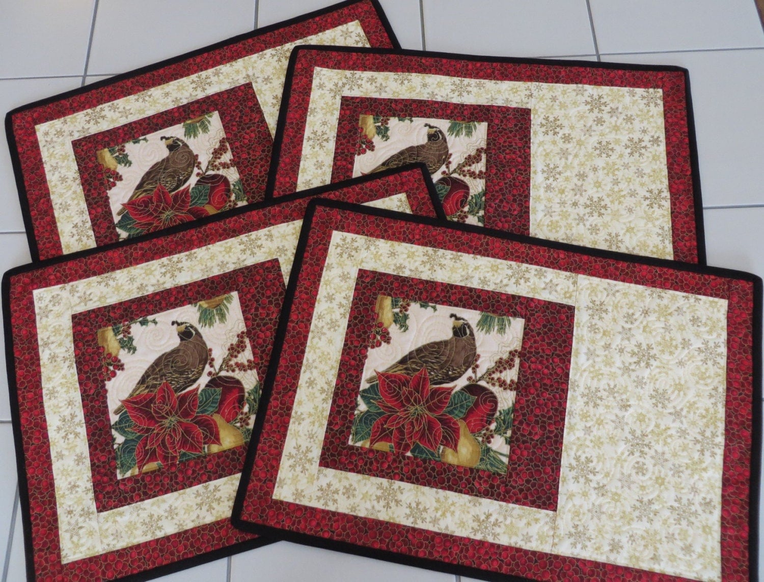 Quilted Winter Holiday Placemats Christmas partridge