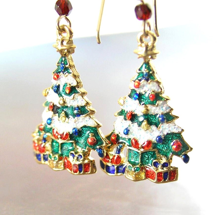 Christmas Tree Earrings 14K Gold Fill Red Green Earrings