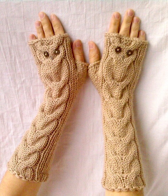 Owl Beige Oatmeal Long Hand Knit Cable Pattern by NastiaDi