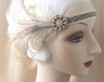 1920s flapper headdress or edwardian headband with antique rhinestones and ivory and brown feathers - Lavinia