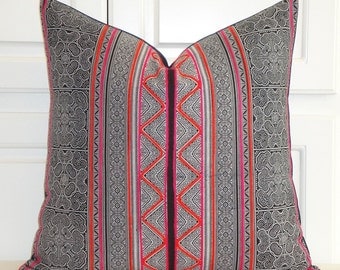 Hmong Pillow Cover - Tribal Decorative Pillow Cover - Pink Orange Embroidery Accent Pillow - Toss Pillow - Navy Backing - Hill Tribe Fabric