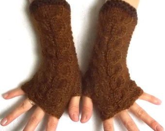 Fingerless Gloves Cabled Wrist Warmers in Dark Honey Brown Warm Aoft Luxurious Women Accessory
