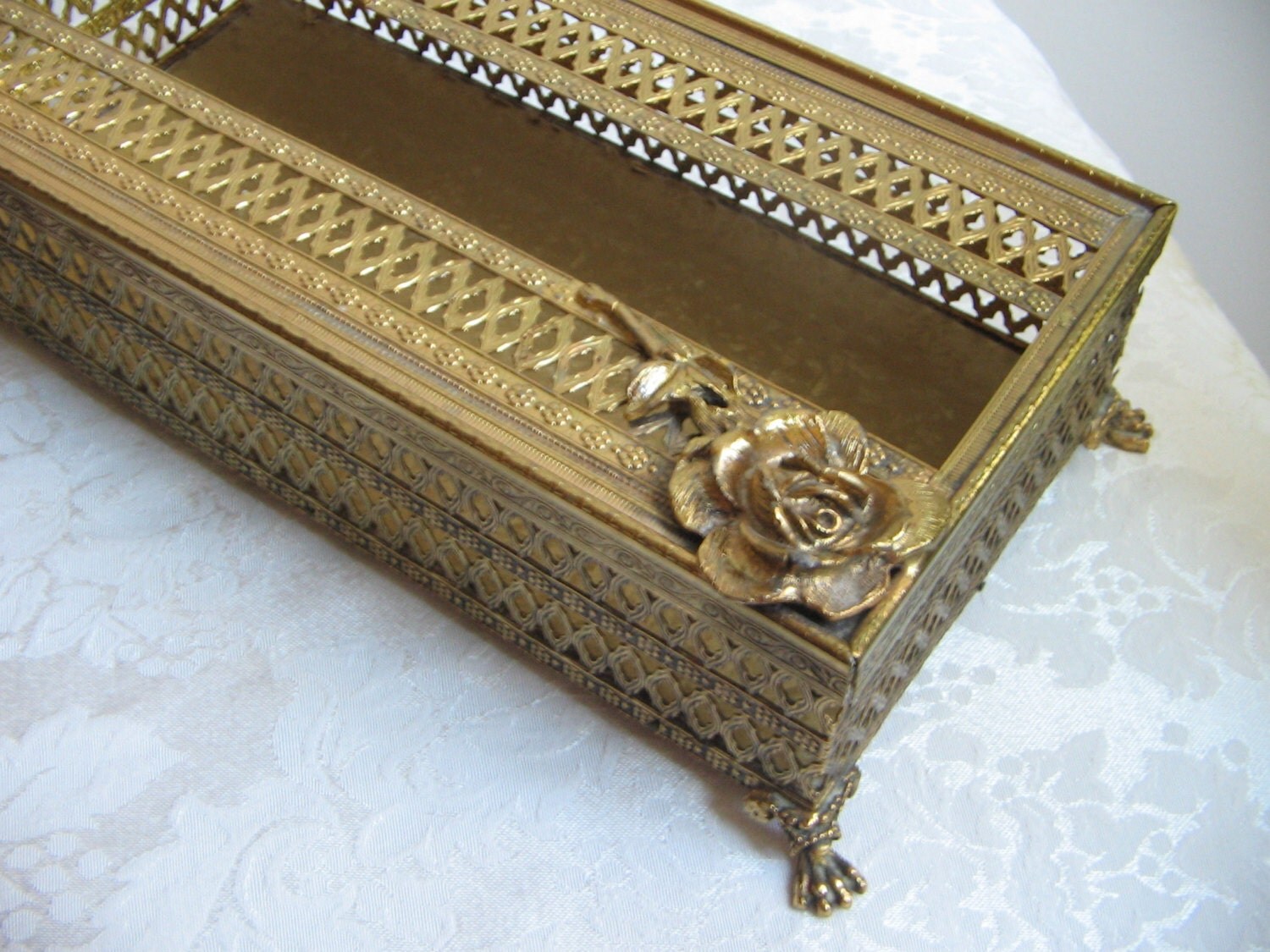 Vintage Ornate Gold Metal Kleenex Tissue Holder Box Embossed