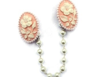 Floral Cameo Sweater Clip - Pink and White Hibiscus and White Pearls - Retro Rockabilly Pinup -Cardigan Clip - Sweater Guard - Sweater Clasp