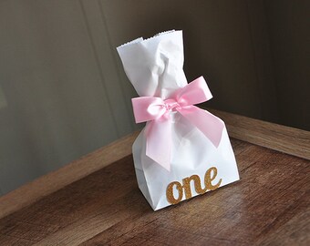 1st Birthday Girl Decorations. Handcrafted in 3-5 Business Days. Mini Party Favor Bags with Age and Bows. Set of 10.