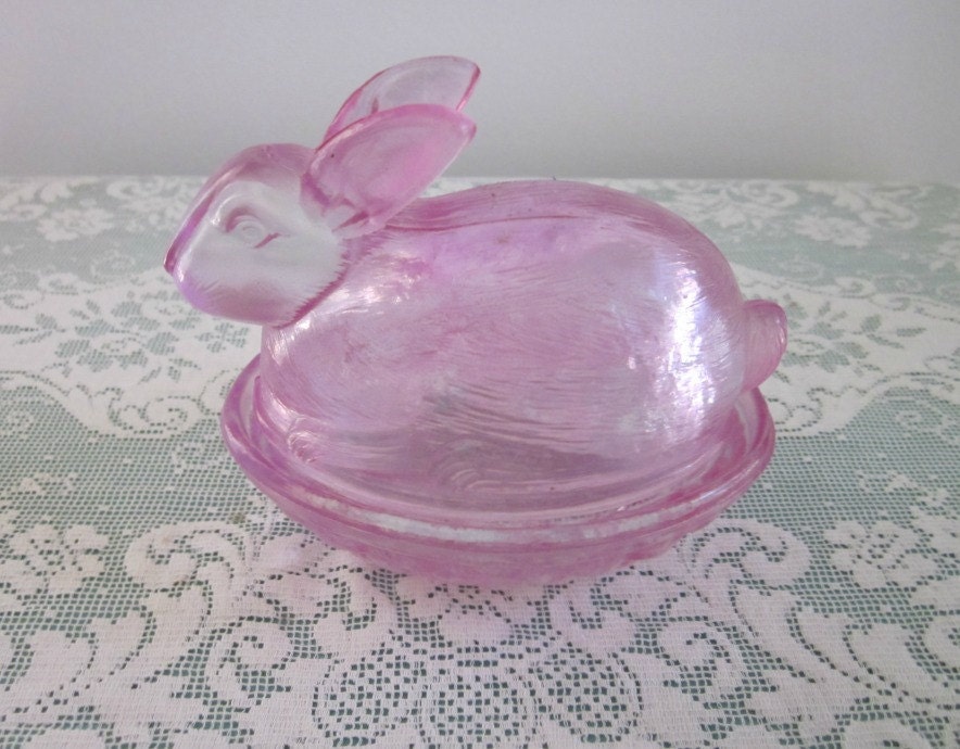 Vintage Glass Dish Pink Bunny Rabbit Sitting In Basket by bobann23