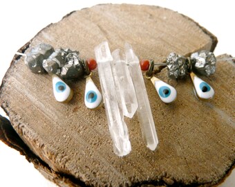Evil eye necklace protection quartz and pyrite ( blue and white, magic, curse ) 01