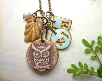 Owl Couple and Kid initial Necklace, Owl Family Necklace