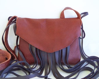 light brown black leather handbag, shoulder purse with fringe by Tuscada. Ready to ship.