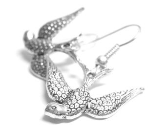 Silver Bird Earrings - Bird Jewelry Sparrow Earrings Swallow Earrings 020