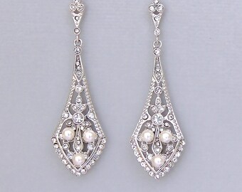 Crystal Bridal Chandelier Earrings, Vintage style Crystal & Pearl Bridal Earrings, Deco Bridal Accessories, Wedding Jewelry, EMILY