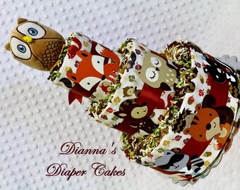 Woodland Animals Baby Diaper Cake Select Ribbon Color and Topper Shower Gift Centerpiece