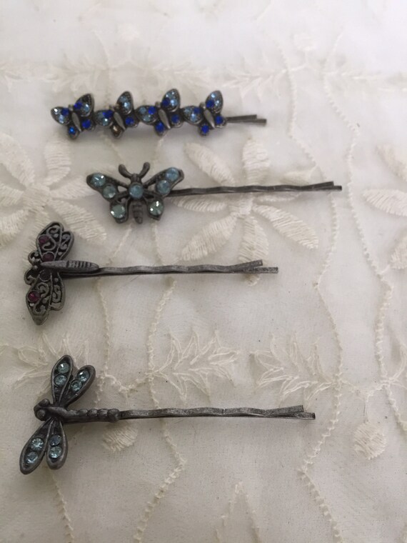 4 Decorative Hair Pins Bobby Pins Blue Crystals Butterflies