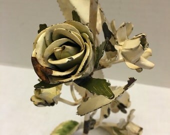 Vintage Italian Tole Chippy Paint Metal Candle Holder French Country Farmhouse Style