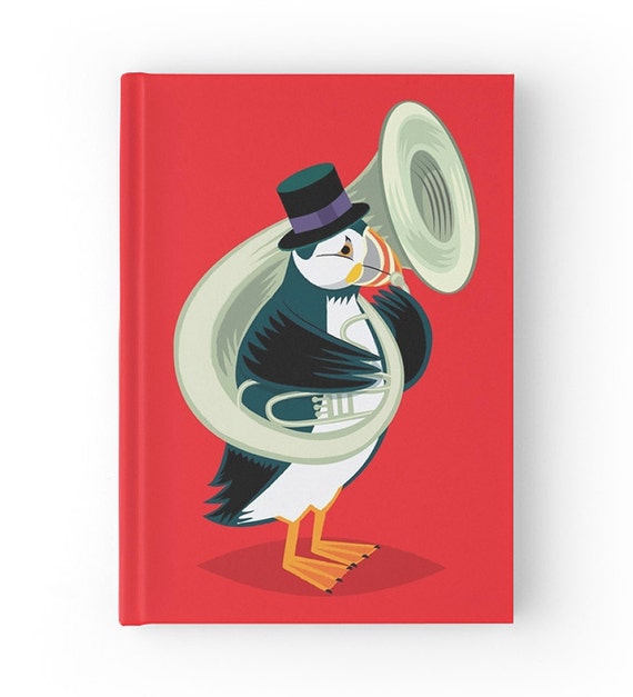 Puffin On A Tuba - Red Hardcover Office Journal book - Ruled Line - iOTA iLLUSTRATION