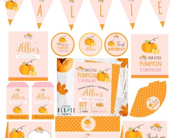 PUMPKIN FIRST BIRTHDAY Invitation and Printables Pack Our little pumpkin is turning One Invitation Vintage Pink Pumpkin Flowers Banner Fall
