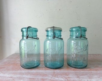 VIntage Blue Ball Ideal Mason Jar with Wire Bale