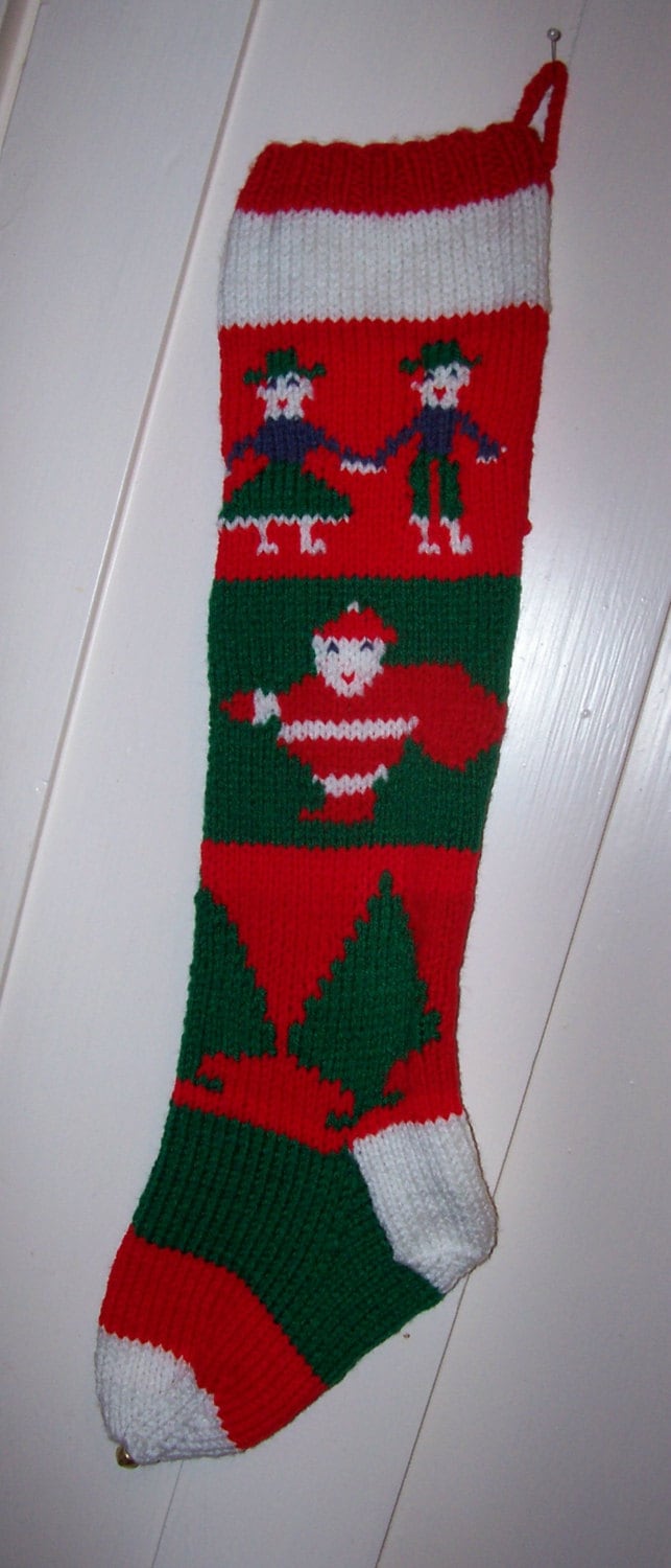 Hand Knit Christmas Stocking Old Pattern Children Santas and
