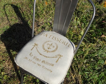 Patisserie Chair Pad- Made to fit YOUR chair - Gold on Beige Linen - Monogram with two letters - 2 inch foam - must fit within 22 L X 22 W.