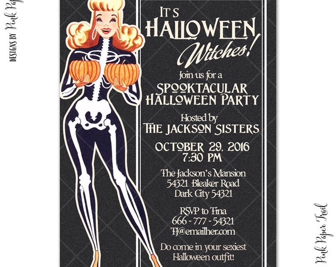 Retro Halloween Invitation, Adult Sexy Halloween Costume Party, Pumpkin Carving Printable Invitation