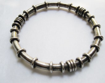 Sterling Silver Bangle, Tribal Industrial Stacking Bracelet, Unusual