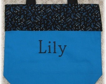 Piano tote bag in "Shades of Blue" Music NOTES treble clefs personalized lesson book bag boys or girls kids recital birthday gift idea