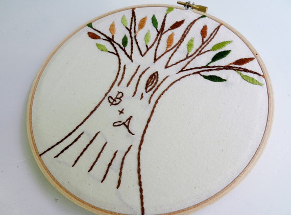 Initials Carved Tree Embroidery Hoop Art