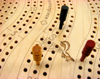 Best Cribbage Board, 3 player Premium Cribbage Board, 16.5"L x 6"W x 2"H, Two Tier, Maple Top/Cherry Bottom, Laser Engraved, Paul Szewc