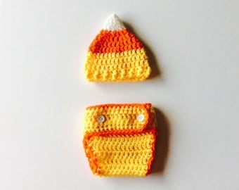 MADE TO ORDER Candy Corn Hat and Diaper cover set, baby photo prop set, Fall baby photo prop set, custom sizes