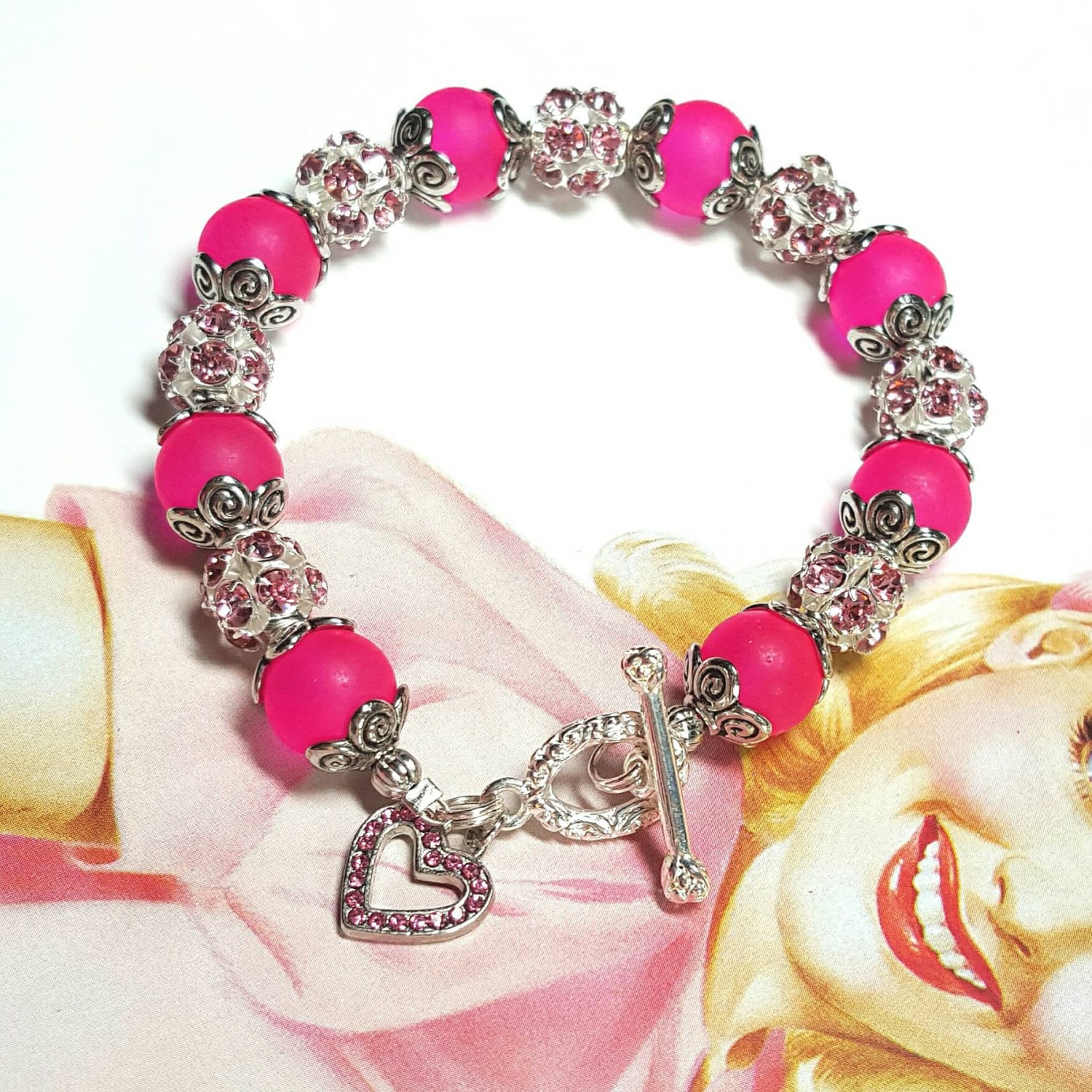 Hot Pink Frosted Glass Beads Bracelet w/Silver by DesignsByAnyaS