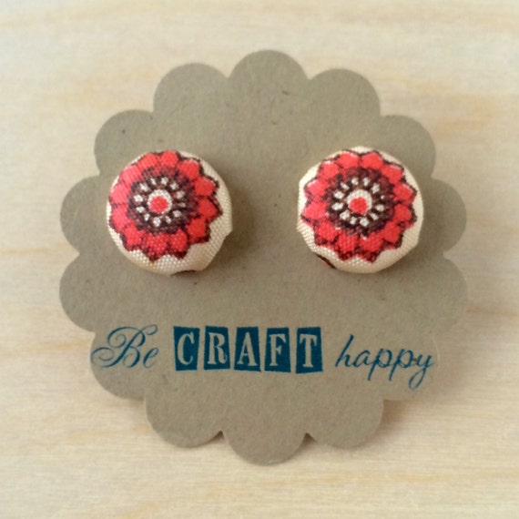 Items similar to Fabric button earrings Orange Vintage Floral on Etsy