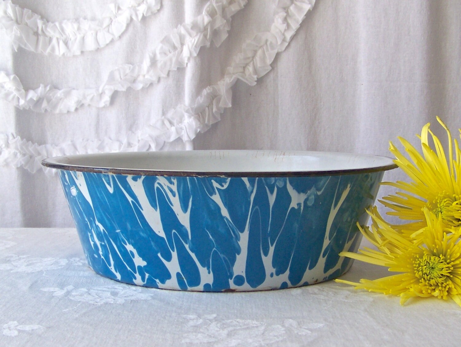 Vintage Enamelware Dish Pan Wash Basin Blue Swirl Graniteware