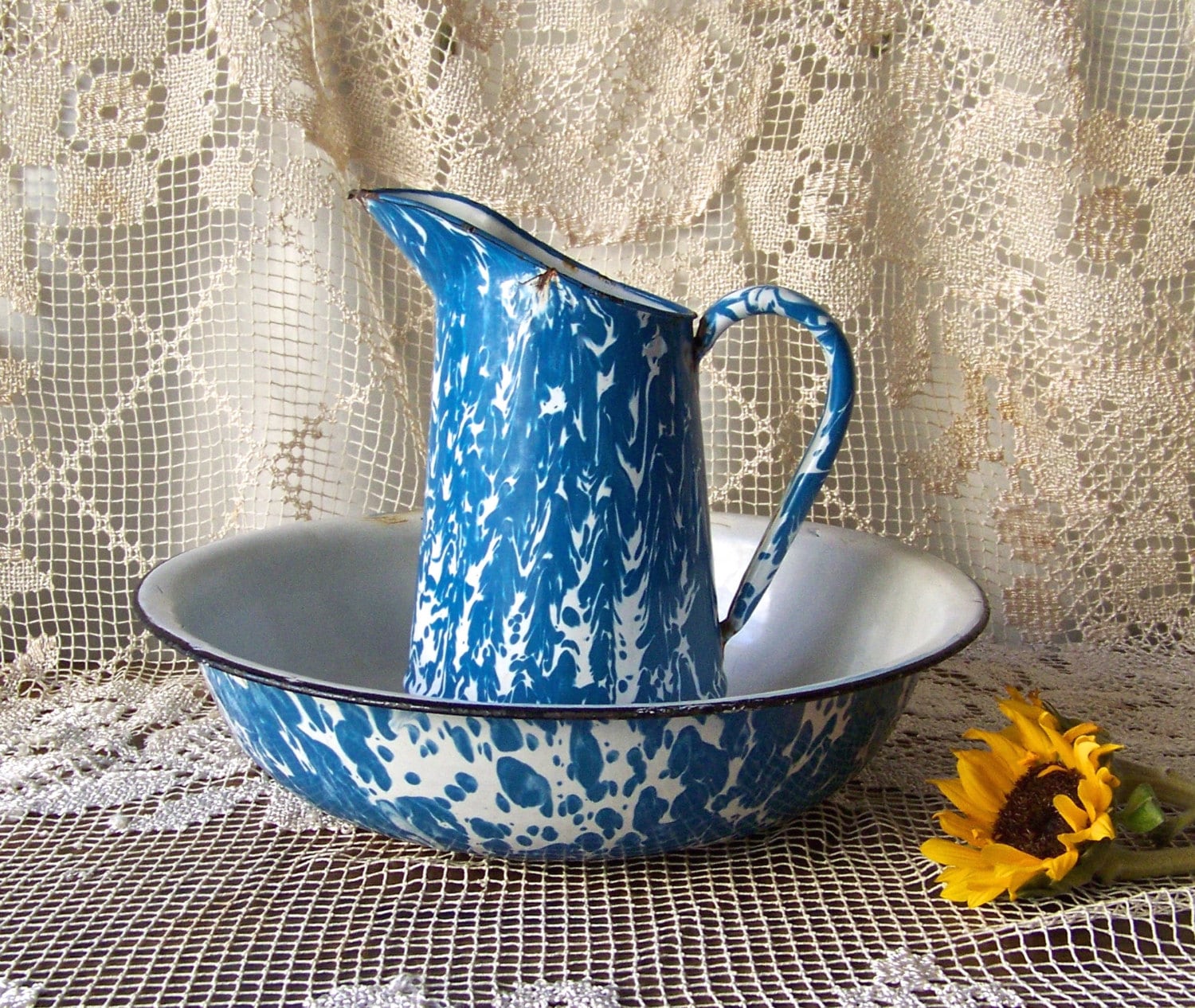 Vintage Graniteware Pitcher Wash Basin Blue Swirl Enamel Ware