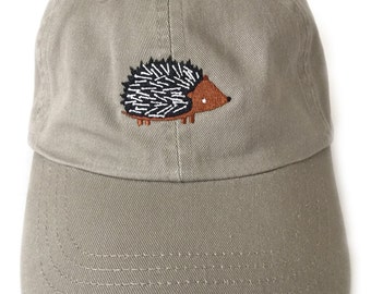 Hedgehog embroidered baseball cap, khaki with wide brim adjustable back closure