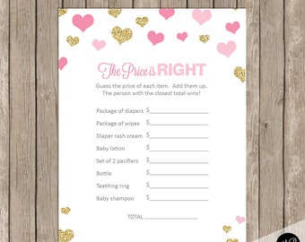 The Price is Right Baby Shower Game, pink and gold glitter hearts baby shower activity, baby shower game, baby shower activity card, PGG01