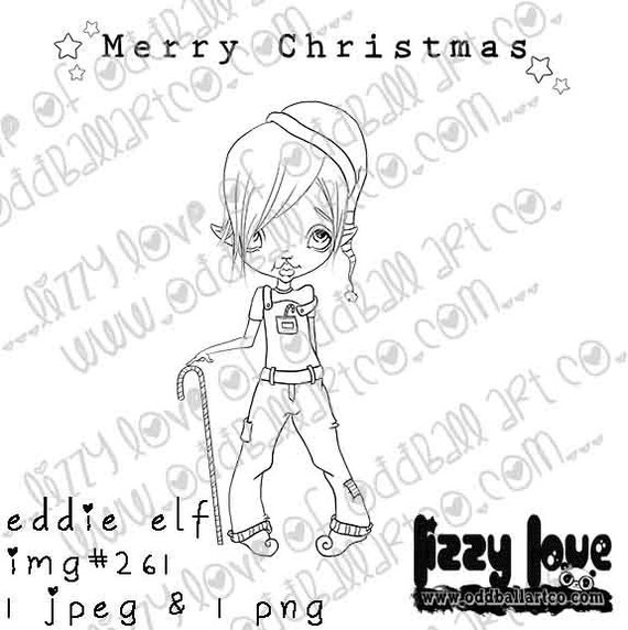 INSTANT DOWNLOAD Digi Stamp Includes Sentiment Kawaii Christmas ~ Eddie Elf Image No.261  by Lizzy Love