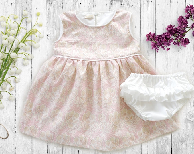 Little Girl Cotton Silk Dress Set, Baby Pastel Pink Dress and ruffles diaper cover, Baby Sleeves Summer Dress, Floral Dress for little girl