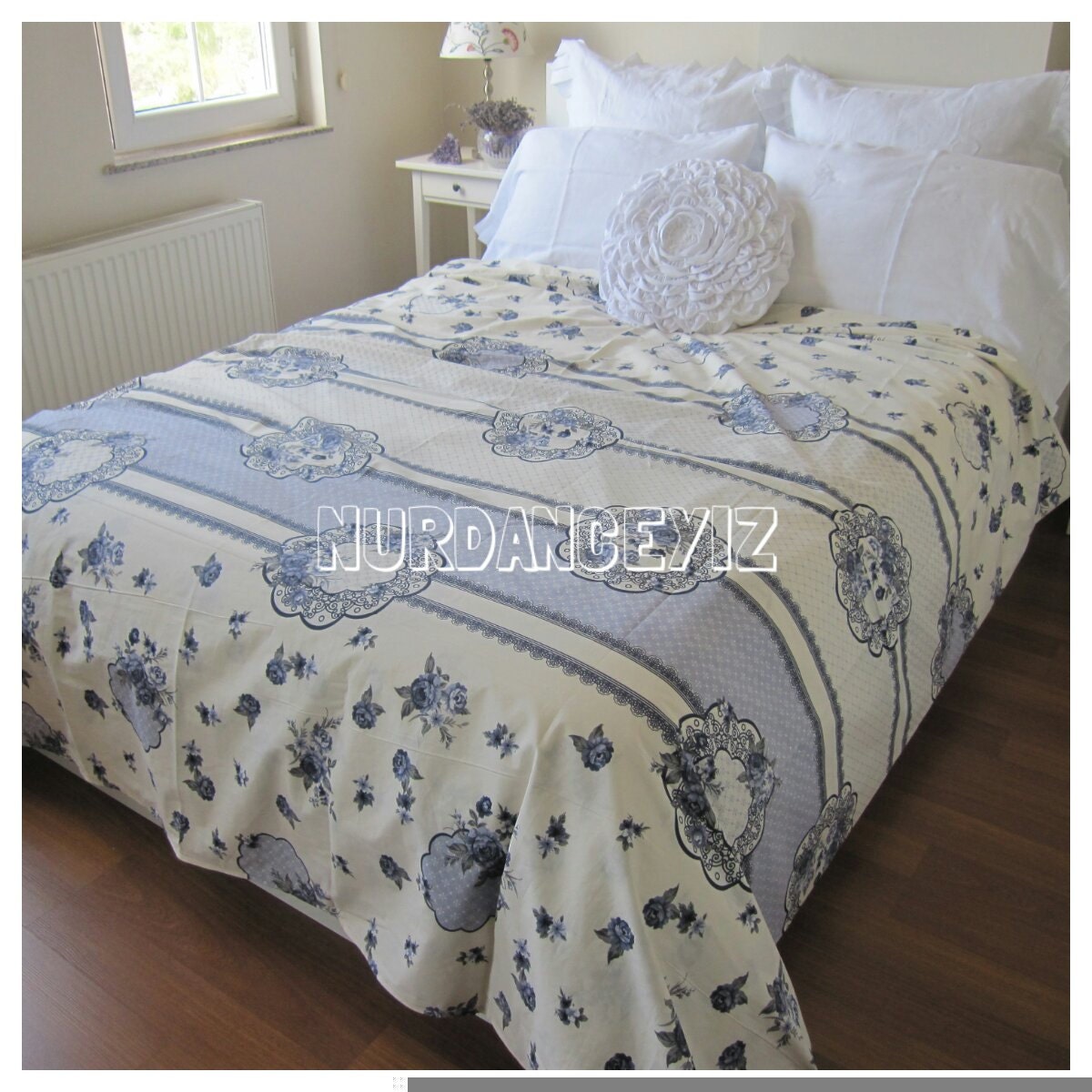 Cream navy Blue floral Bedding floral duvet cover quilt doona