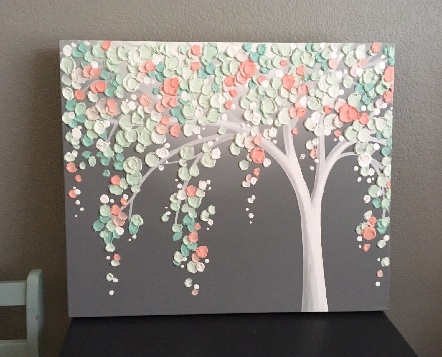 Mint Green and Peach Coral Art Textured Tree Nursery Art
