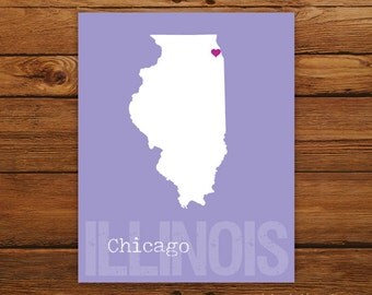 Custom Illinois, Personalized State Print, State Love, State Map, Country, Heart, Silhouette, 8 x 10 Wall Art Print
